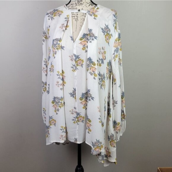 FREE People Tunic Mini Dress White Floral Long Sleeves Pockets Boho XS NWOT - Picture 8 of 15